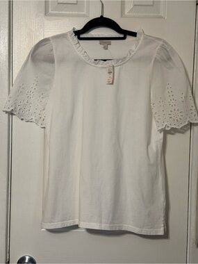 NWT Talbots White Eyelet Sleeve Ruffle Neck Short Sleeve Top Size Mp